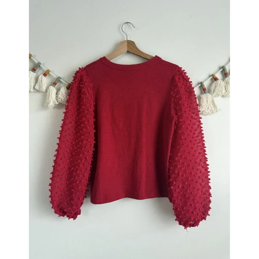 Anthropologie Maeve Textured Slub Cotton Puff Sleeve Top Red Boho Relaxed Fit XS